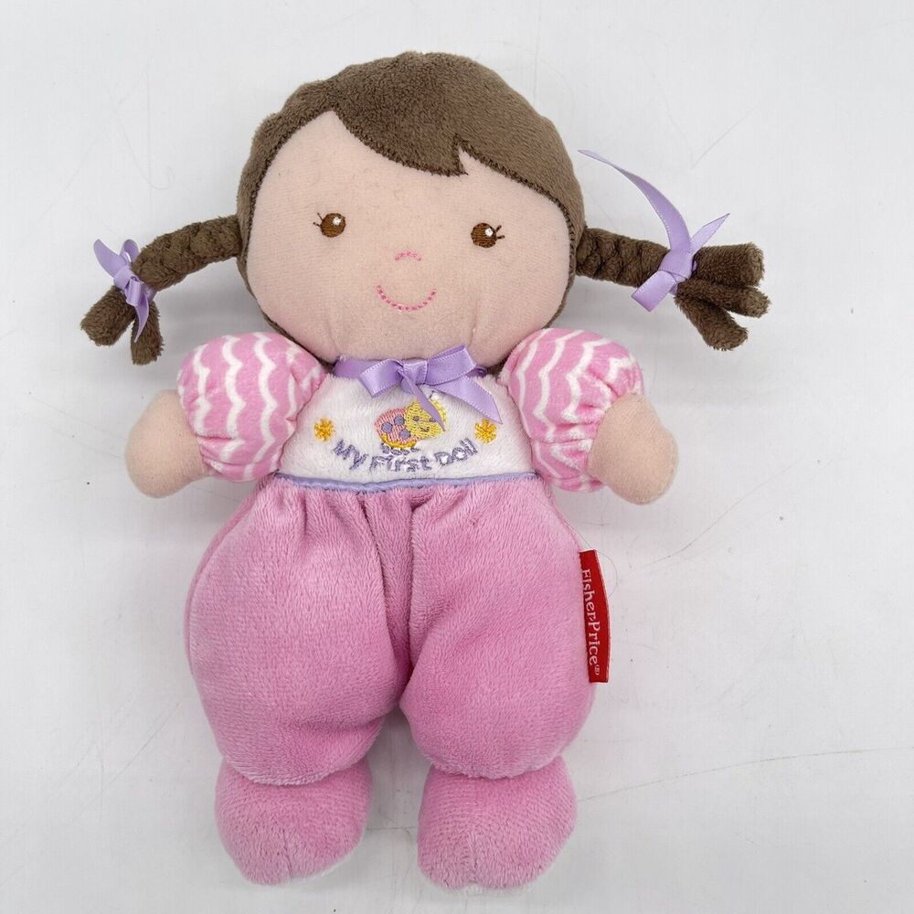 8" Fisher Price My First Doll Pink Brunette Stuffed Plush Baby Ladybug Rattles